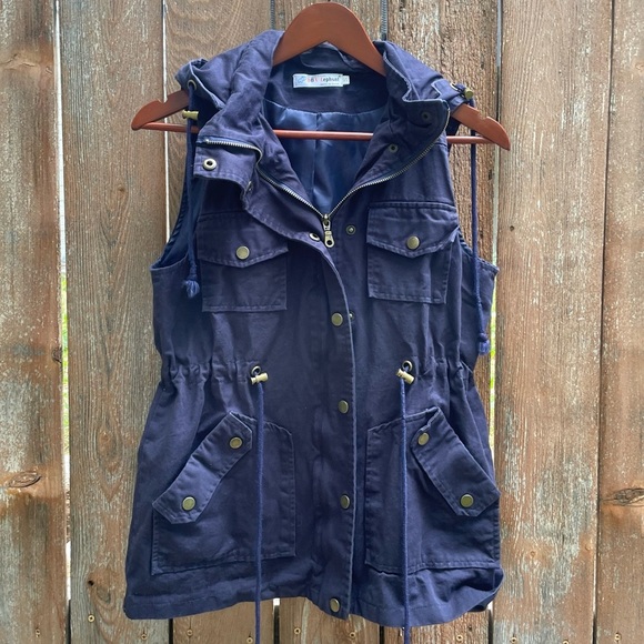 Womens Dark Blue Hooded Vest Utility Jacket Full Zip Pockets Size Small - Picture 1 of 12